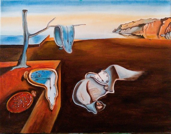 Surrealist painting with melting clocks in dreamlike landscape